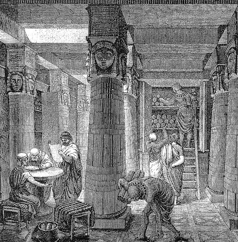 Library Of Alexandria, By O. Von Corven - Tolzmann, Don Heinrich; Alfred Hessel and Reuben Peiss. The Memory of Mankind. New Castle, DE: Oak Knoll Press, 2001, Public Domain, https://commons.wikimedia.org/w/index.php?curid=2307486