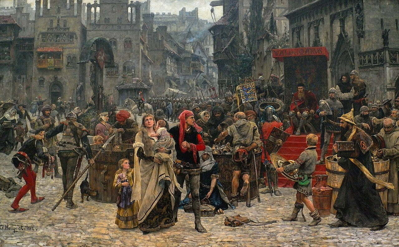 Visby under Danish conquest, recalling the violent history behind the city's present political tensions