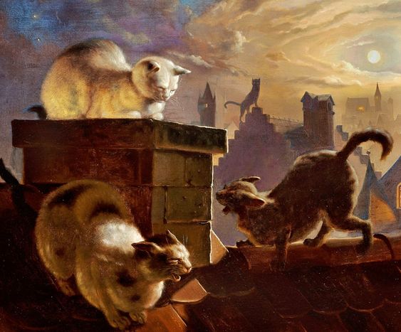  Cat, Fedor Flinzer (German, 1832-1911), "Cats on a ridge of a roof  at full moon"