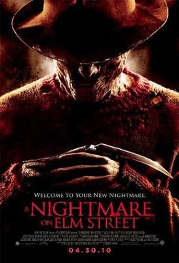 Movie poster of a man with a hat, looking down; the man's skin and clothes are heavily burnt; one bladed finger shows through clasped hands A Nightmare on Elm Street