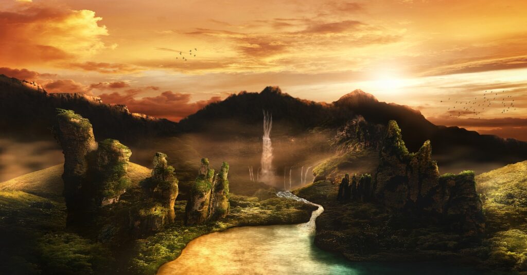 Mountains Waterfall Sunrise Flow  - Darkmoon_Art / Pixabay, Settlements, Magical