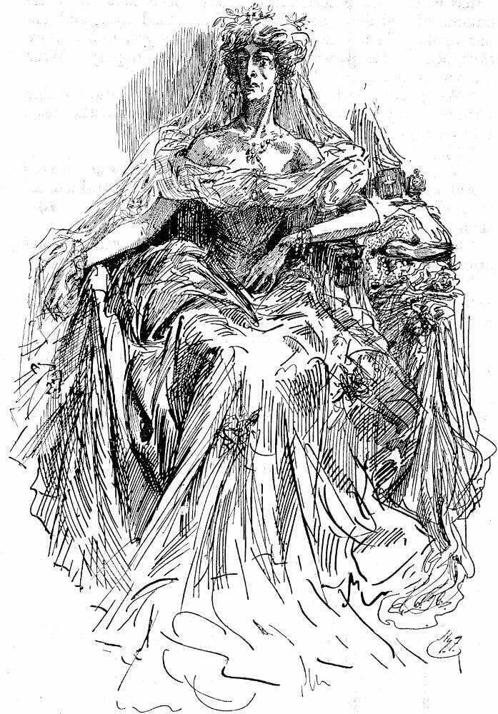 Miss Havisham, in art by Harry Furniss from the library edition of Charles Dickens's Great Expectations. Date 1910 Author Harry Furniss, Restless Spirit