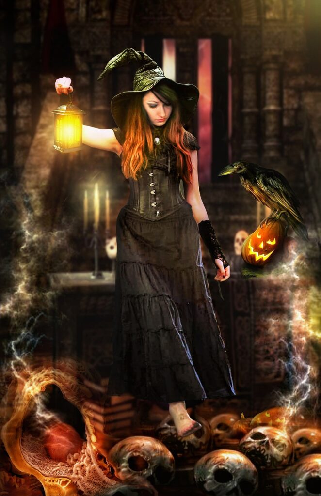 Woman Witch Pumpkins Crow Lamp  - firaangella1 / Pixabay