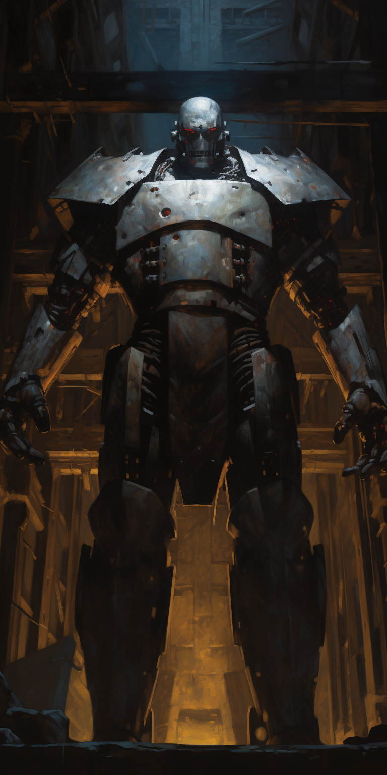 Great iron golem sculpted as an armoured construct and ancient foundry guardian