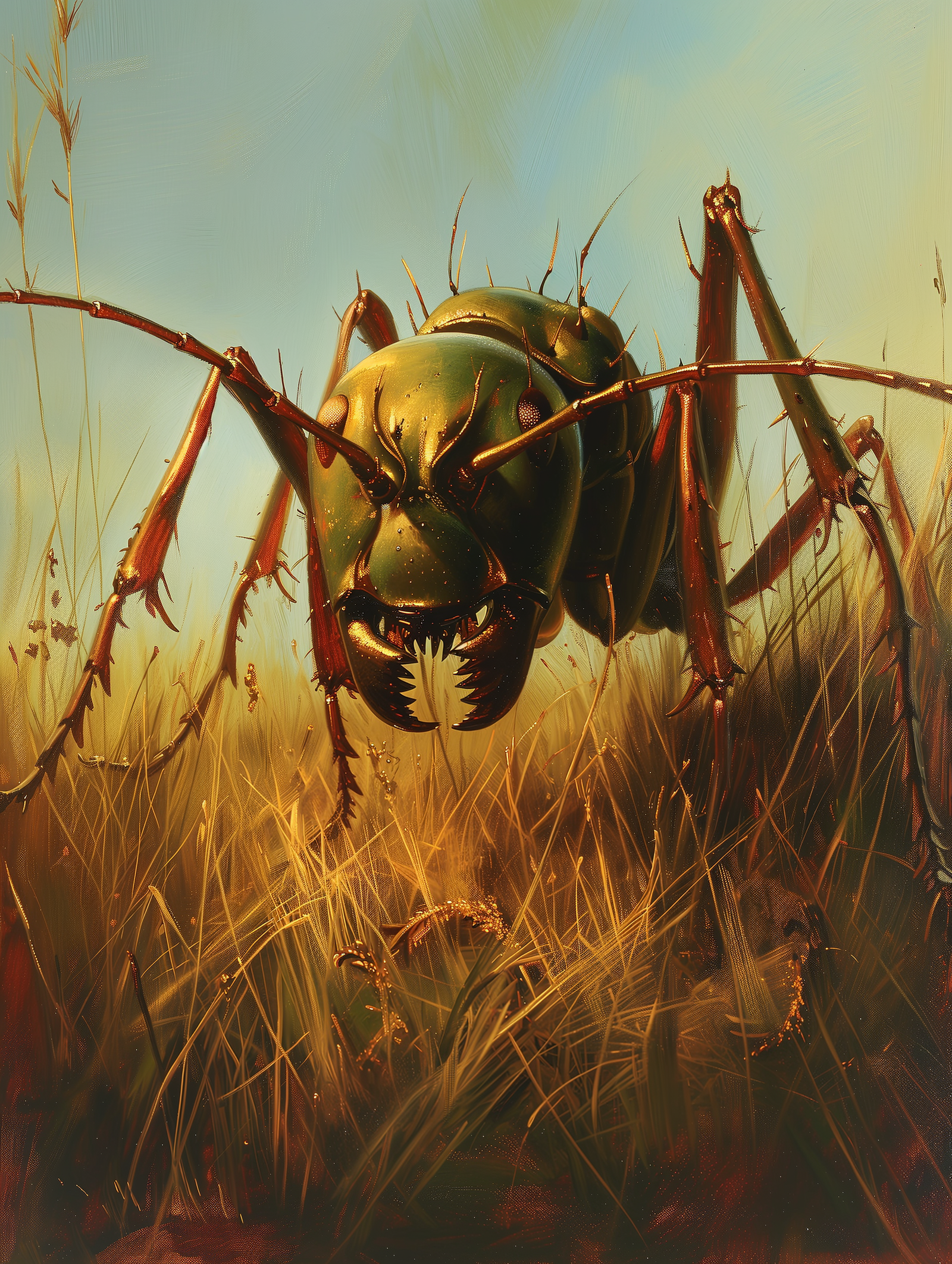 A heavily armoured giant ant advancing through tall grass