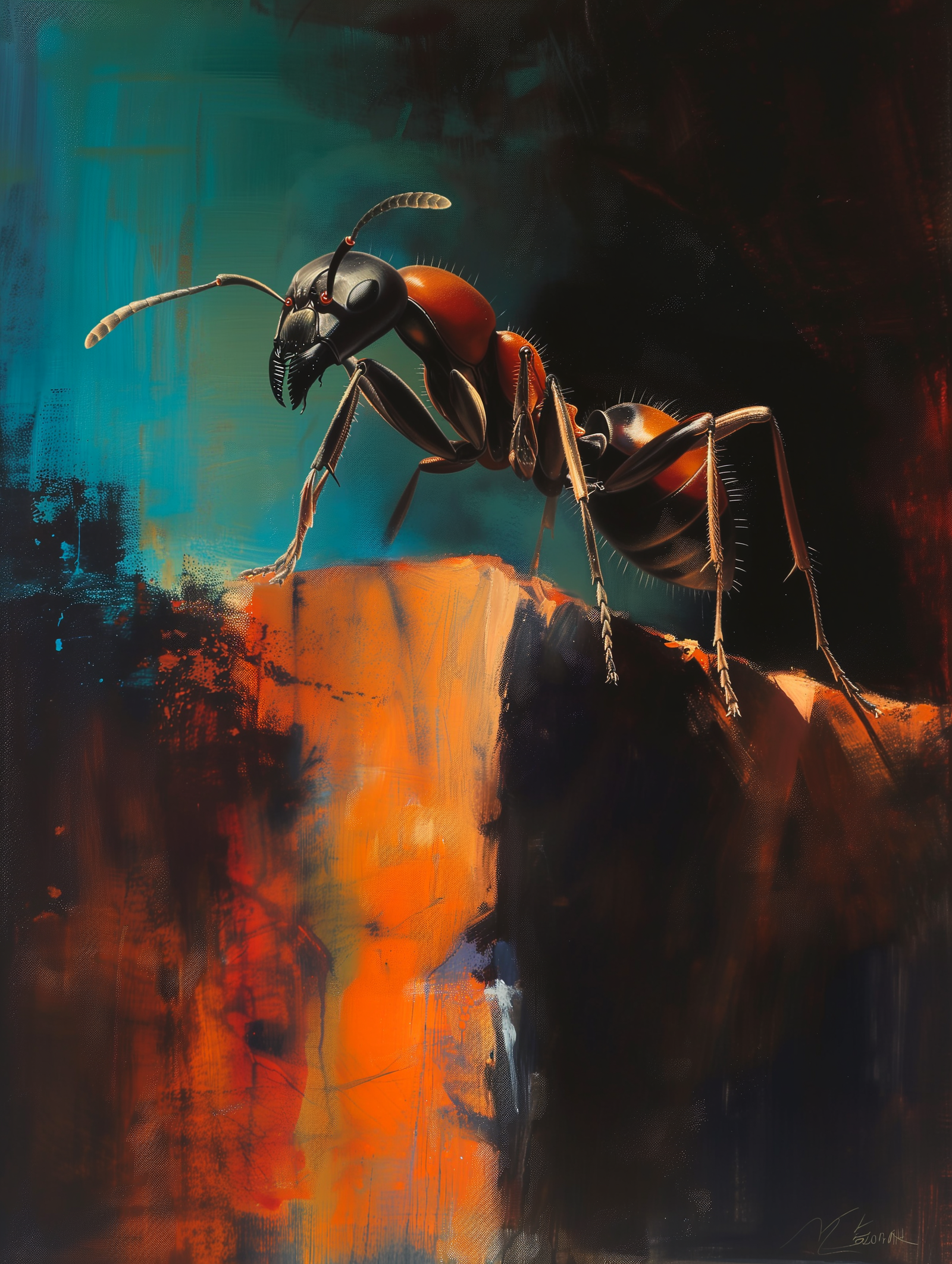 A giant ant standing above the painted edge of a colony threshold