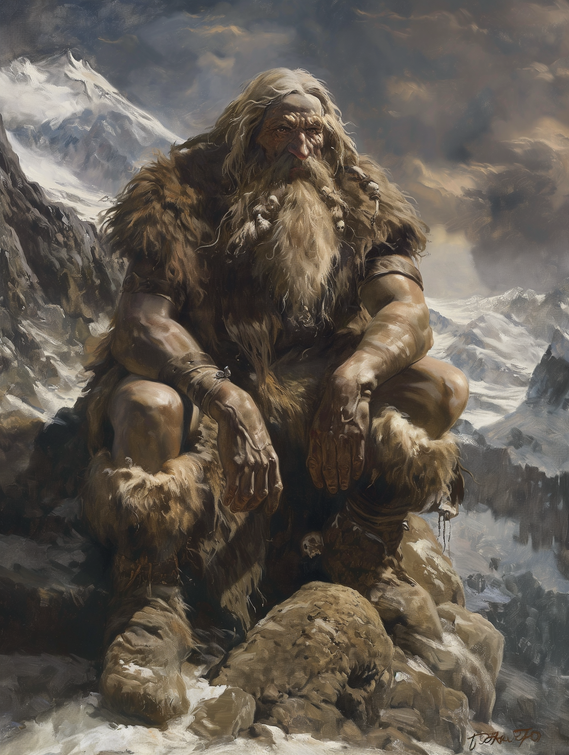 Mountain Giant looming among high rocky peaks
