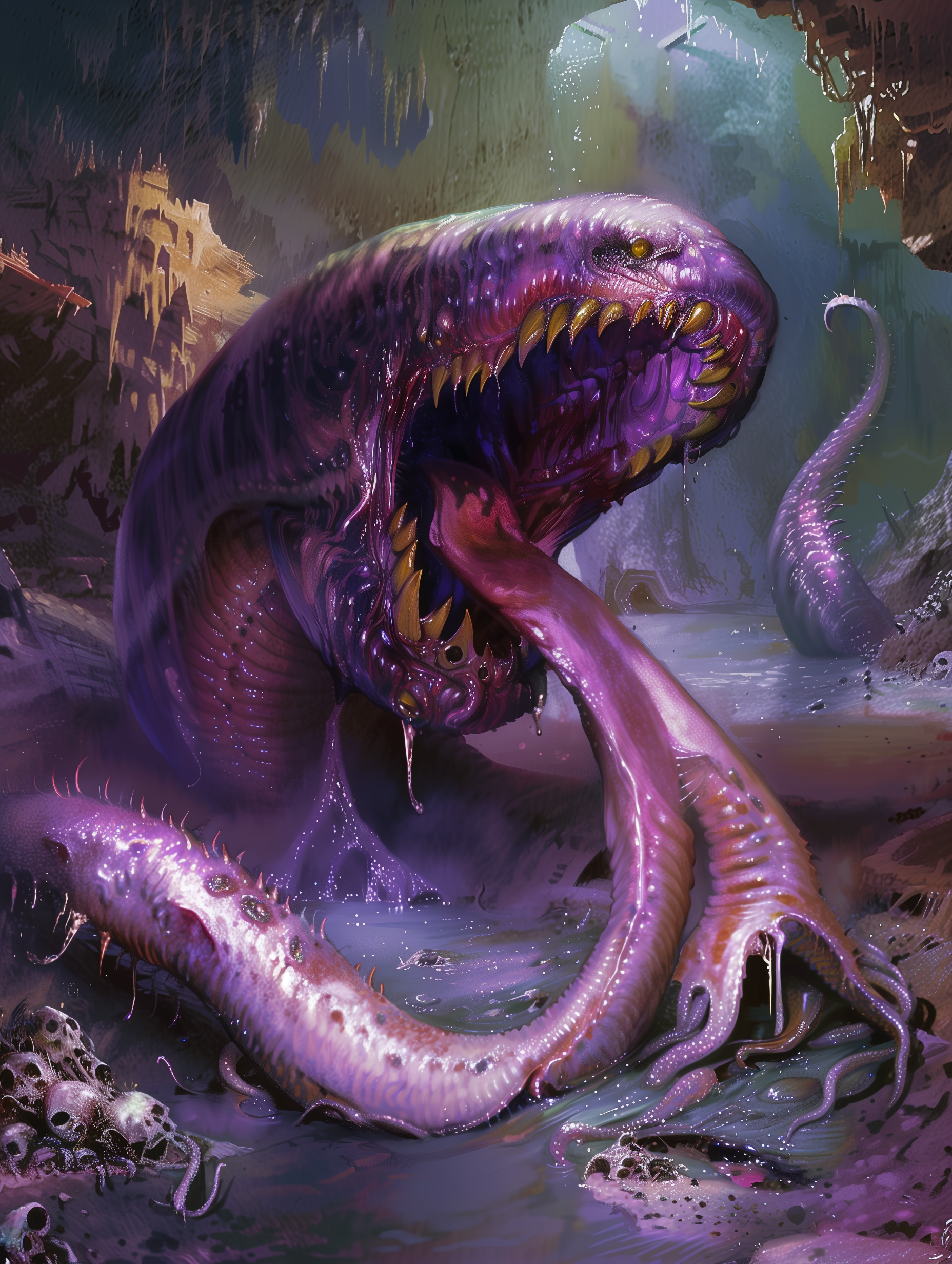 A colossal neothelid psychic worm rising from a subterranean cavern, its maw surrounded by grasping tentacles.