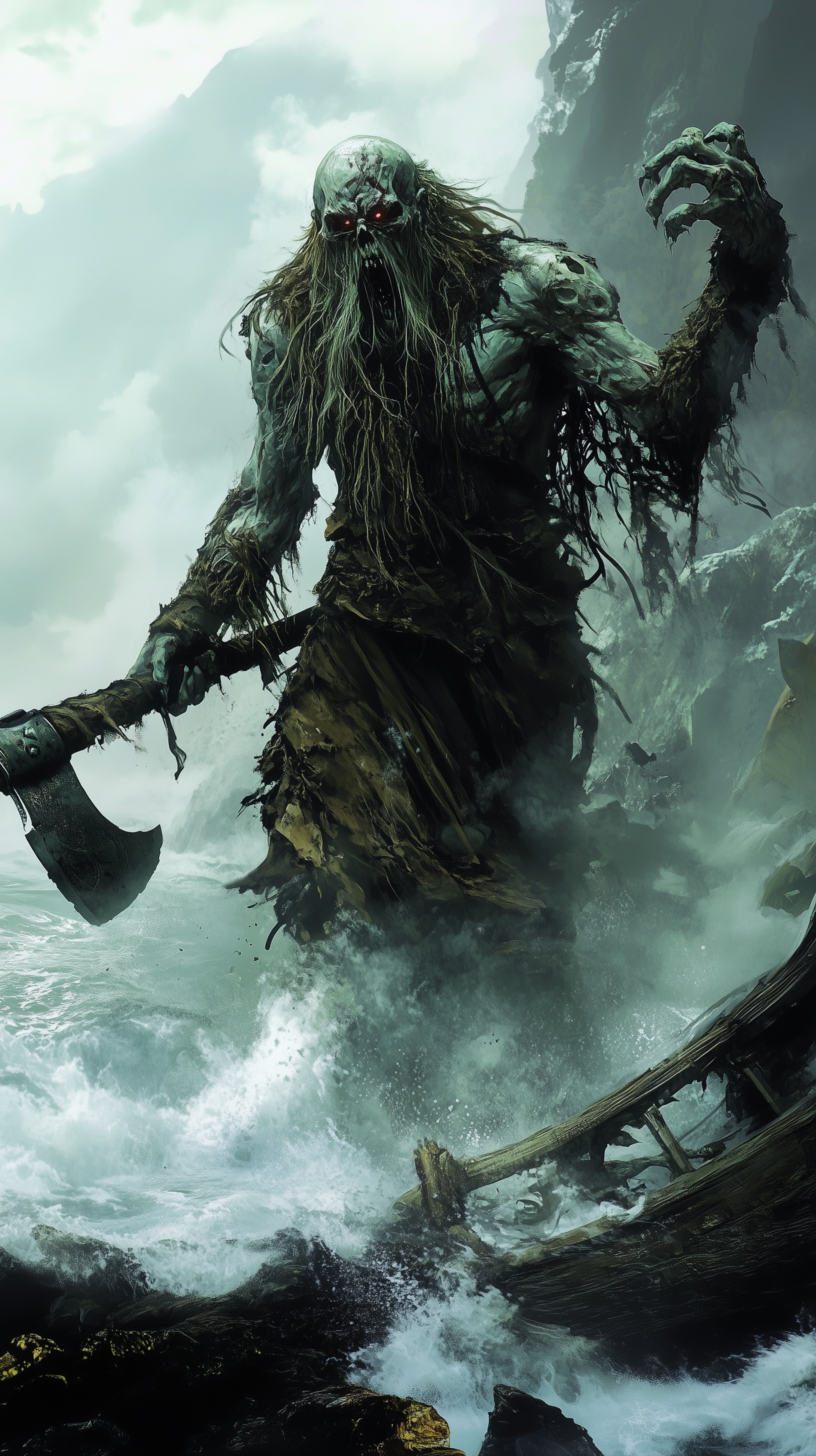 Armoured northern draugr revenant standing amid a burial mound and ruined stones