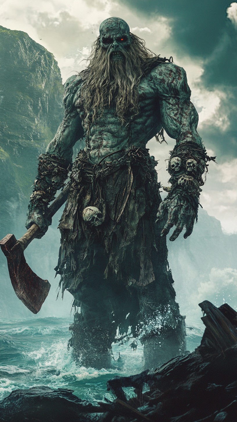 Drowned draugr sailor rising from a salt-stained coast in burial garments