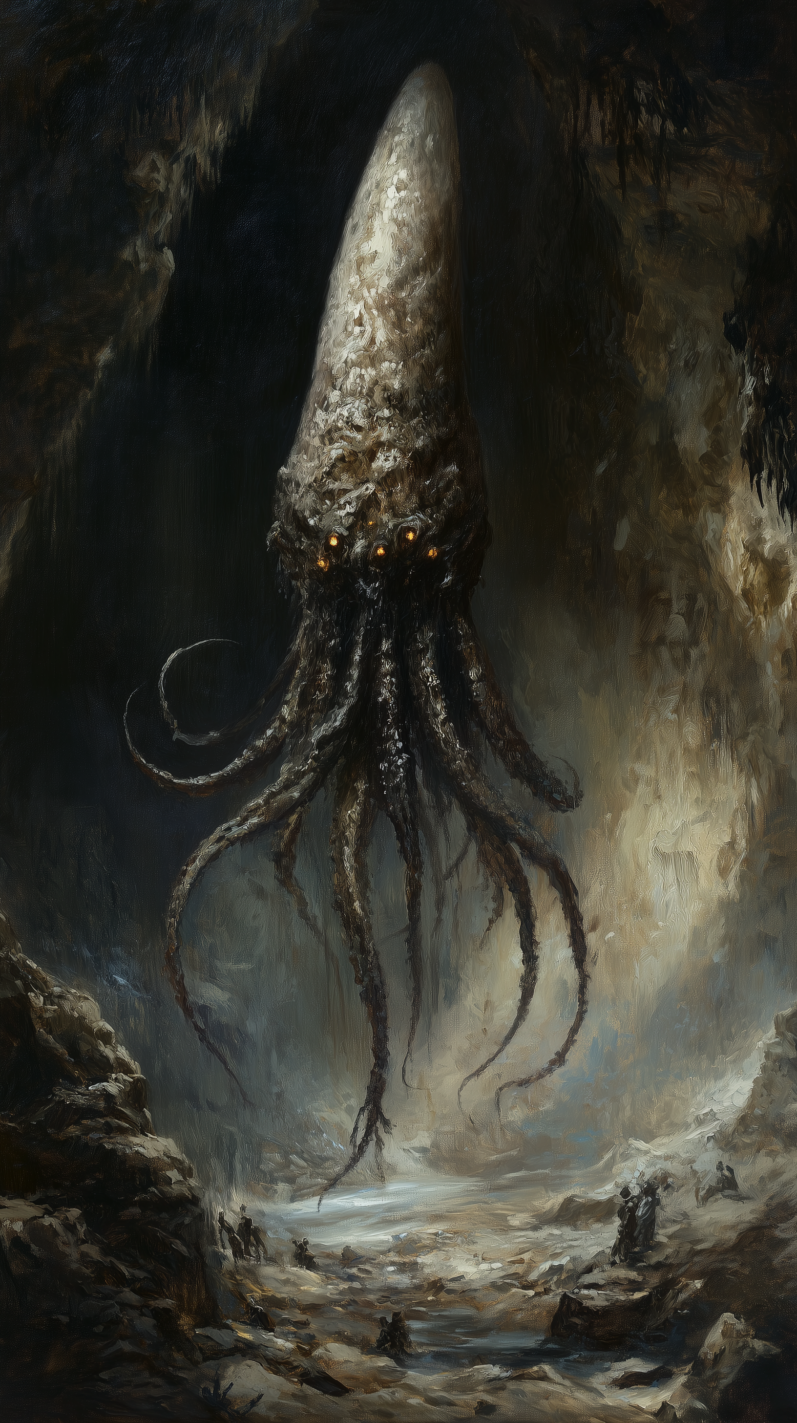A darkmantle hanging like a stalactite from a cavern ceiling, its hooked tentacles folded tightly around its cone-shaped body.
