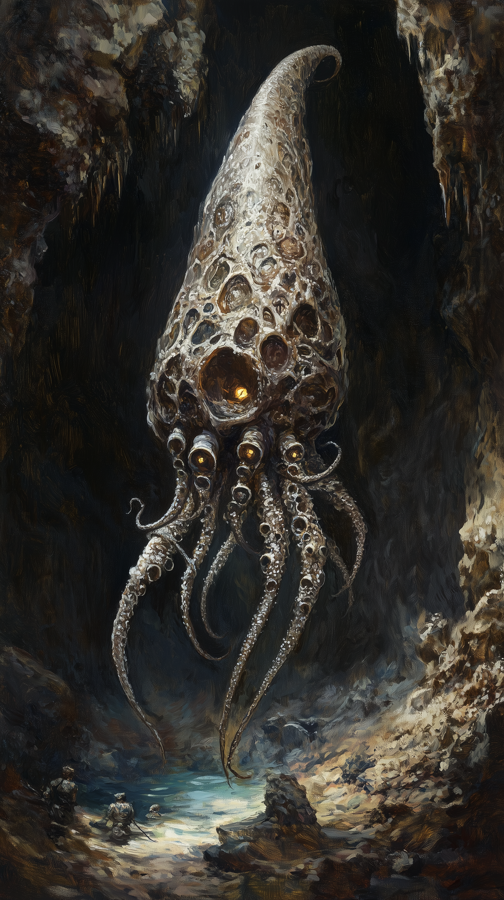 A darkmantle opening its webbed tentacles as it drops from a cavern roof.
