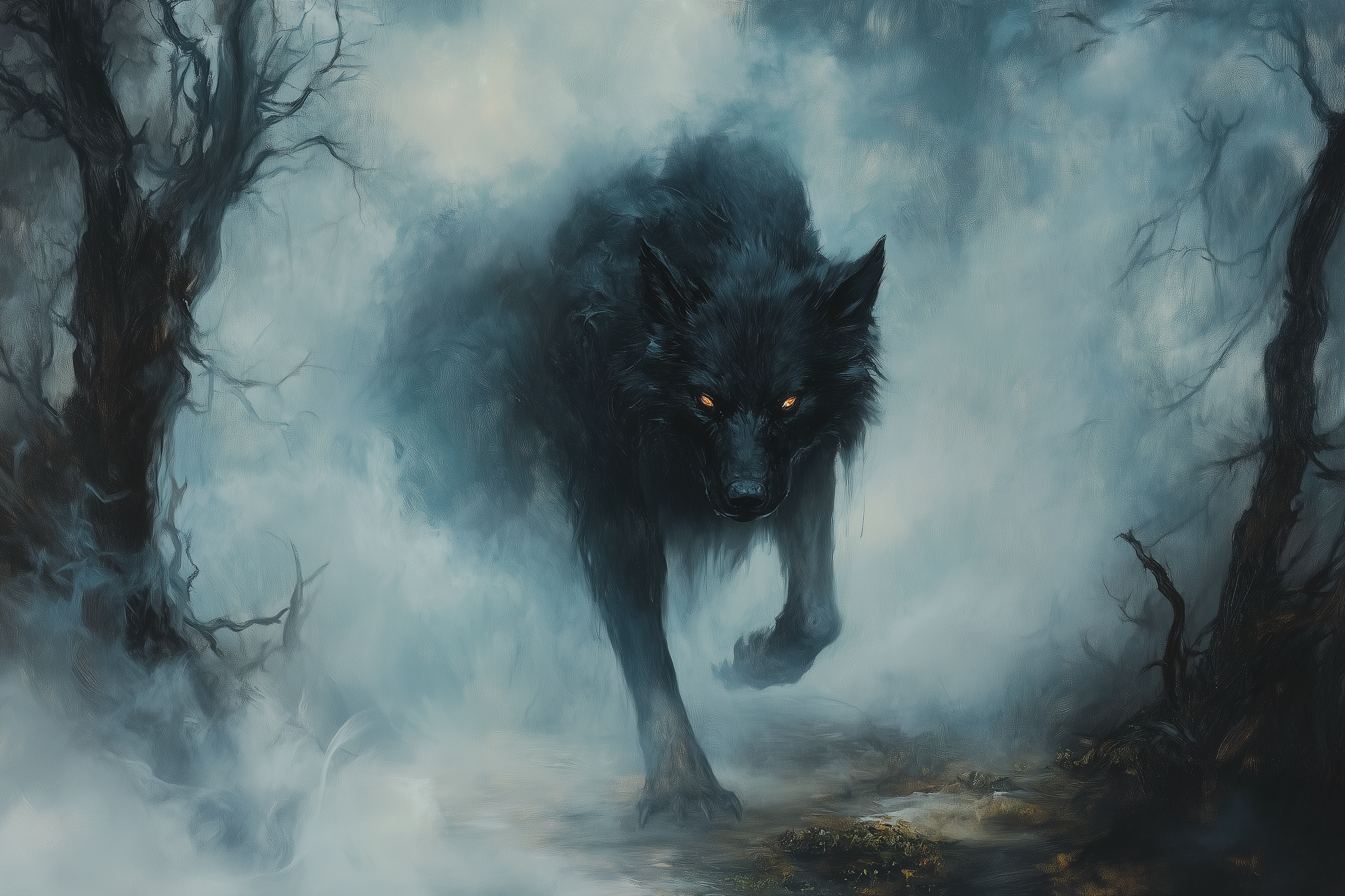 A shadowy black dog in an ominous landscape