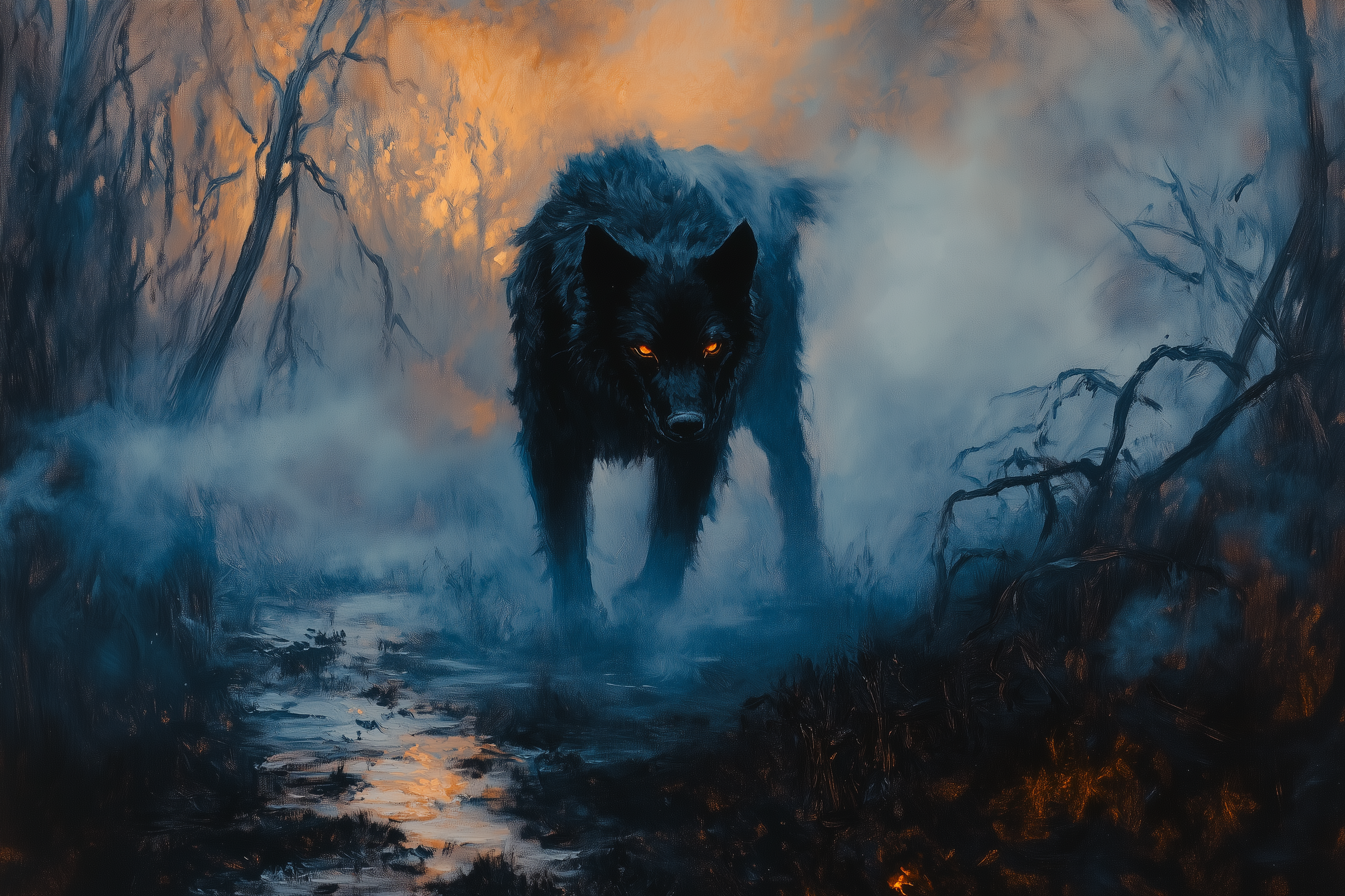 A supernatural black hound of Dartmoor standing in mist and rough upland country