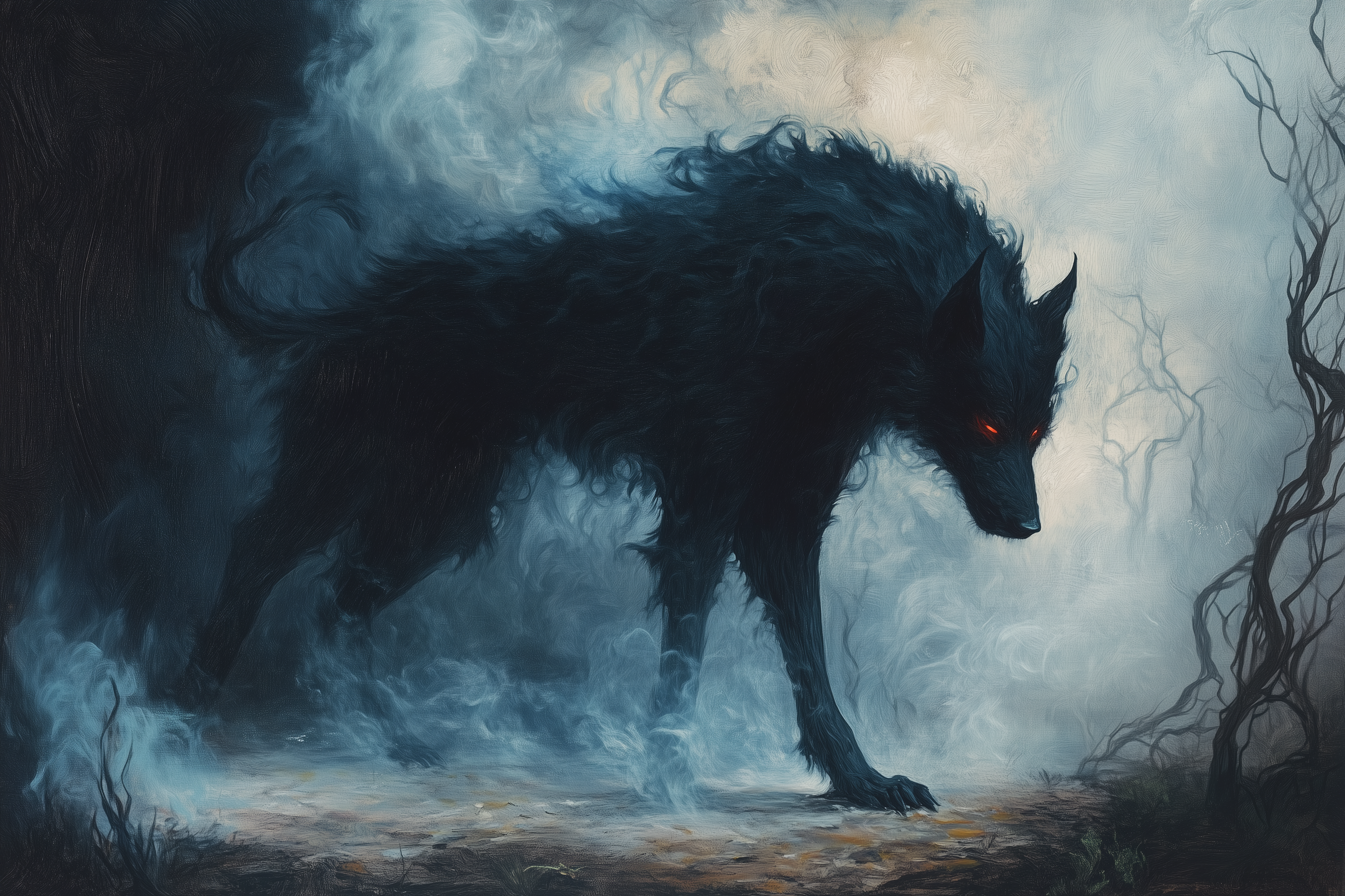 A great black supernatural dog watches from a mist-covered road