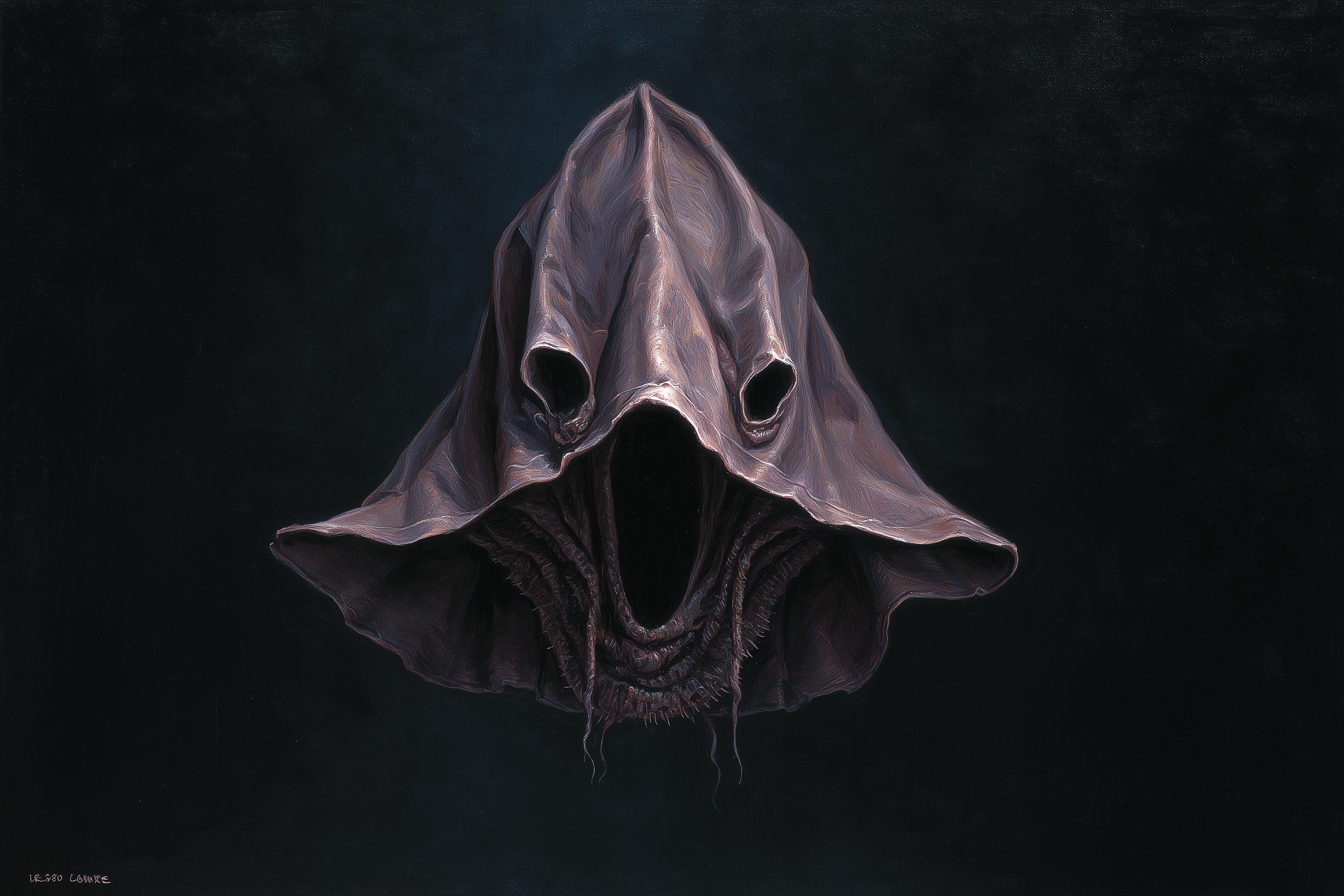 A small executioner’s hood hanging from a cavern ceiling like a leathery bag.