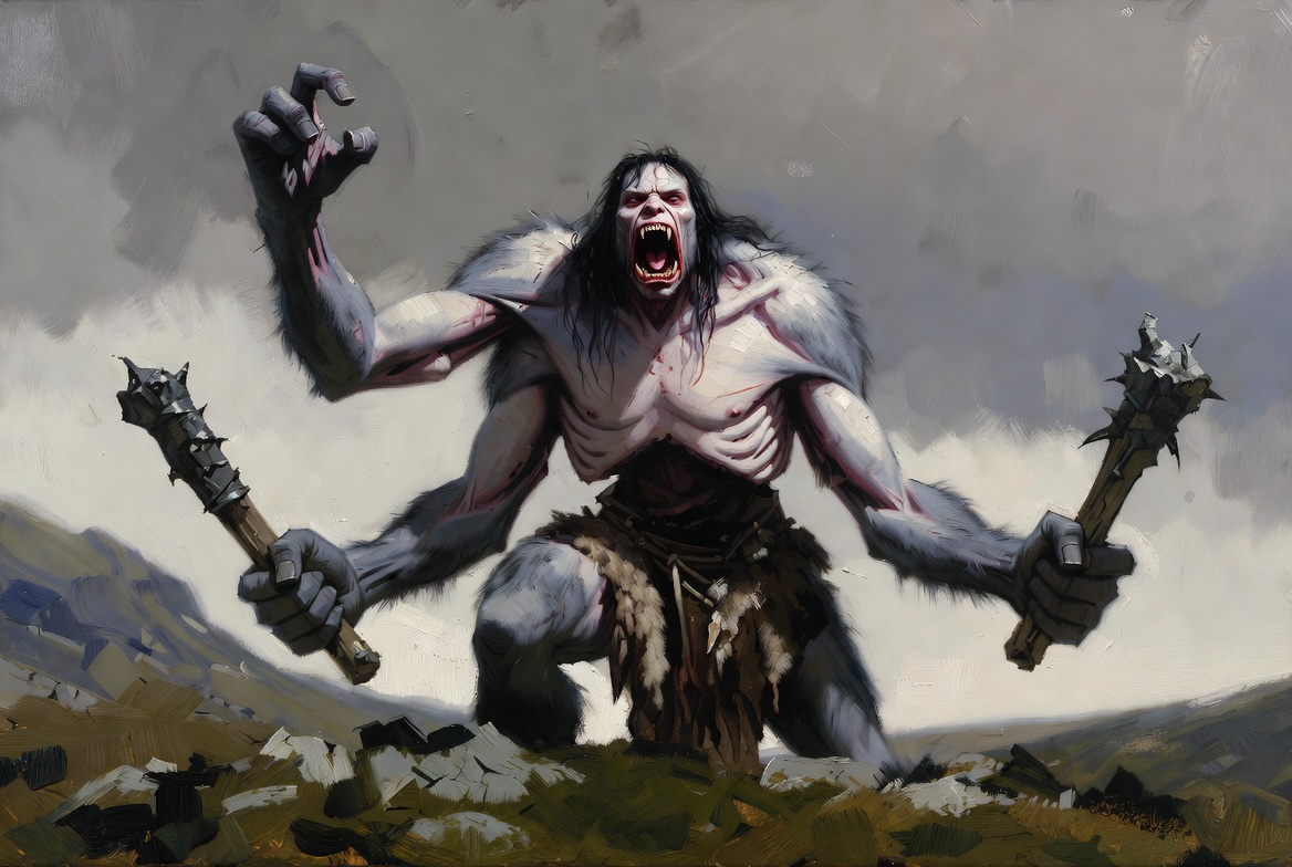 A towering three-armed athach giant in ragged furs, armed with heavy clubs in rugged hill country.