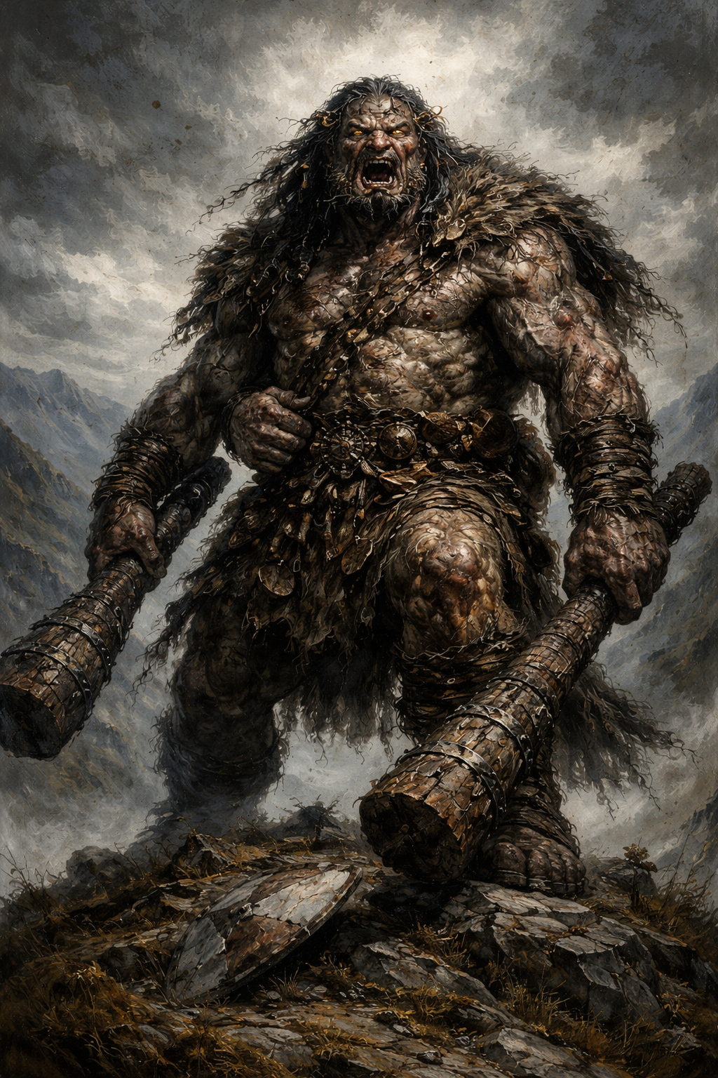 An athach chieftain draped in trophies and stolen jewellery.