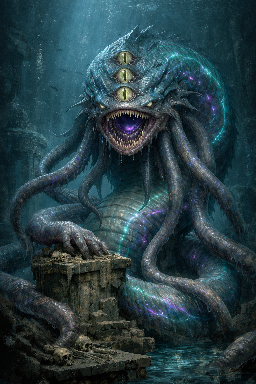 A colossal greater aboleth surrounded by luminous deep-water currents.