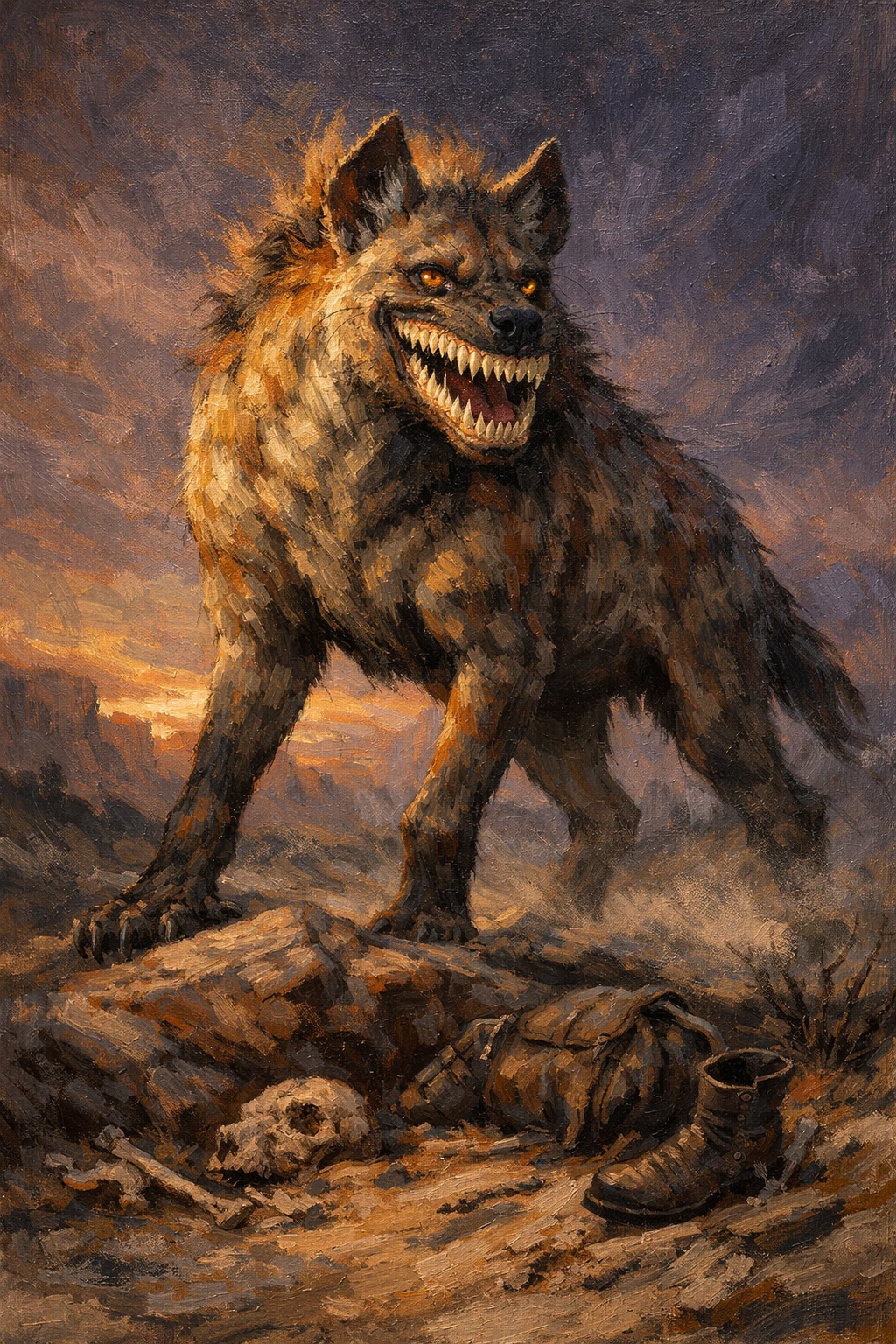 A gaunt leucrotta with a long hyena-like body, stag-like hooves and a wide bone-ridged mouth stalking through dry scrubland.
