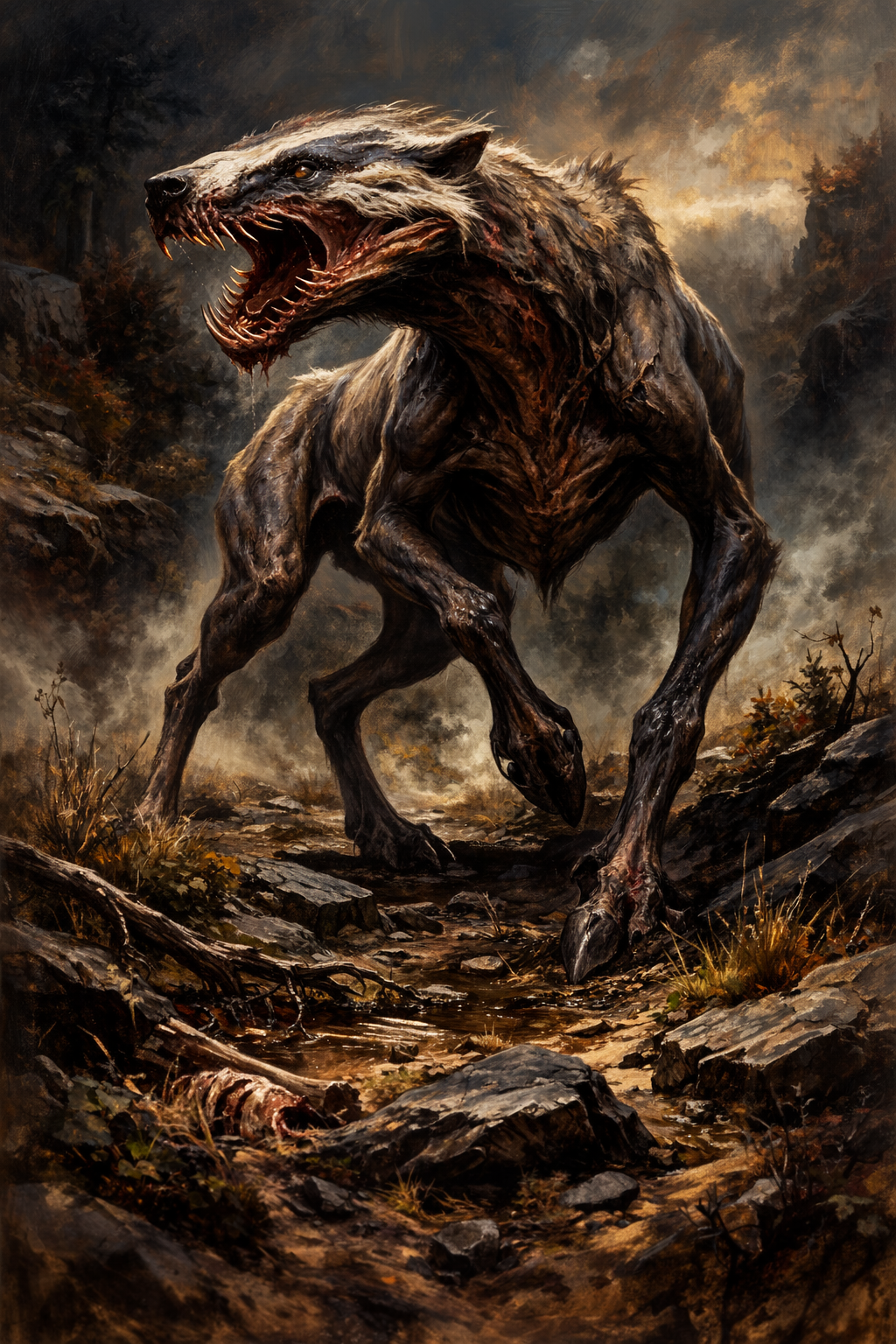 A Pathfinder-style leucrotta stalking through dry hills.