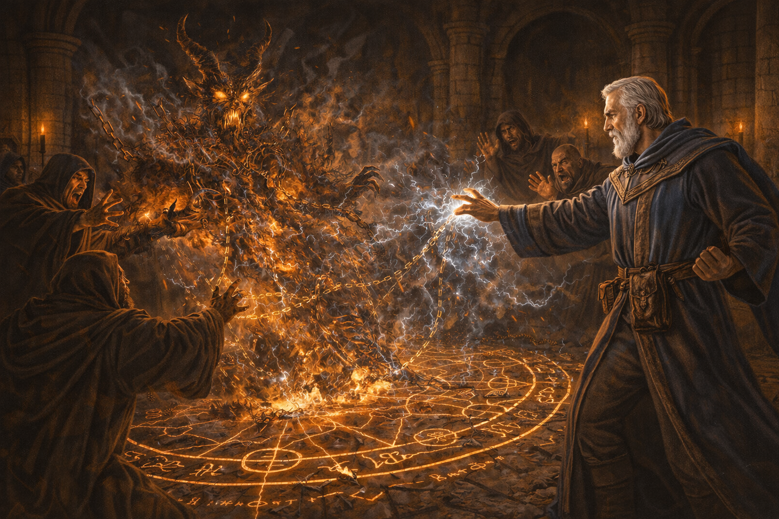 A grey-haired mage unravels a fiery horned summoned creature within a glowing ritual circle