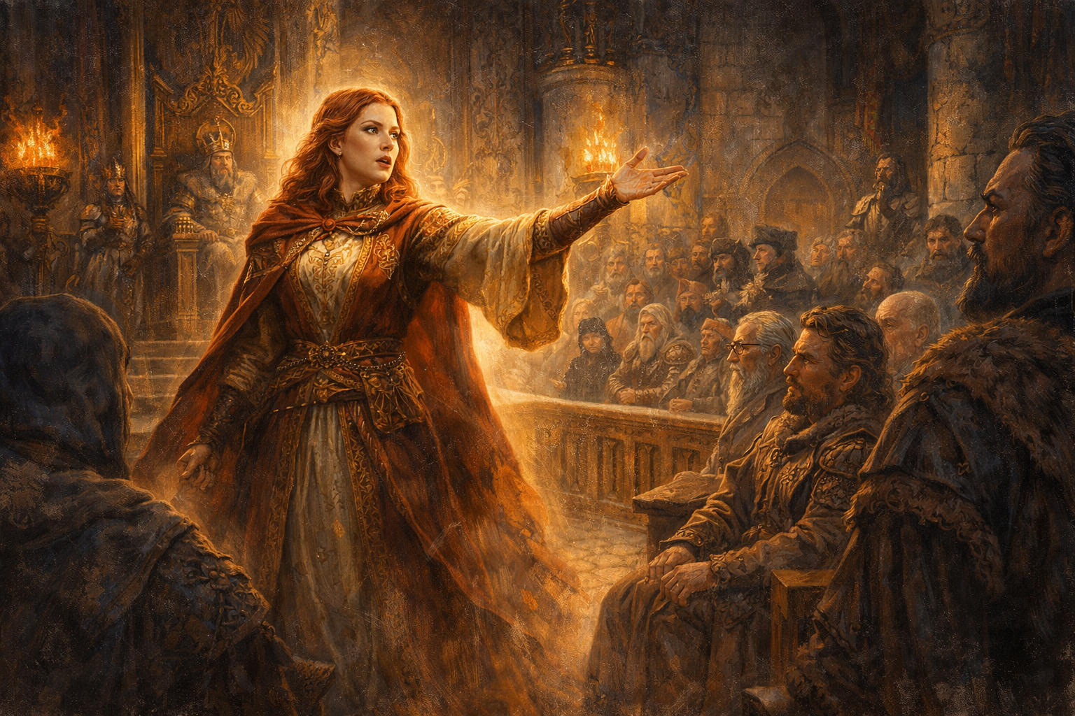 An eloquent woman addresses a ruler and gathered courtiers in a candlelit hall.