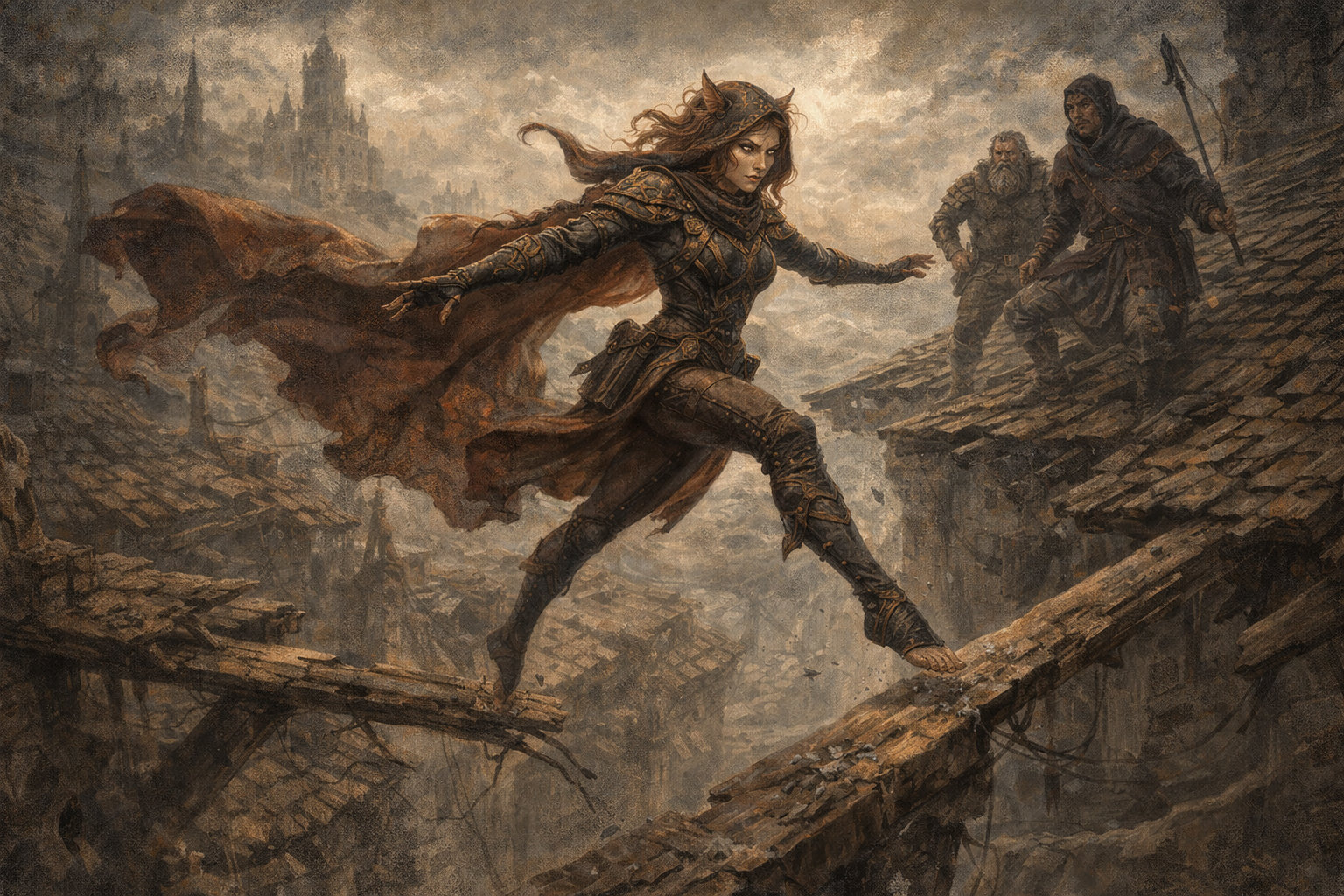 A magically enhanced woman crosses a narrow roof beam while two armed pursuers follow.