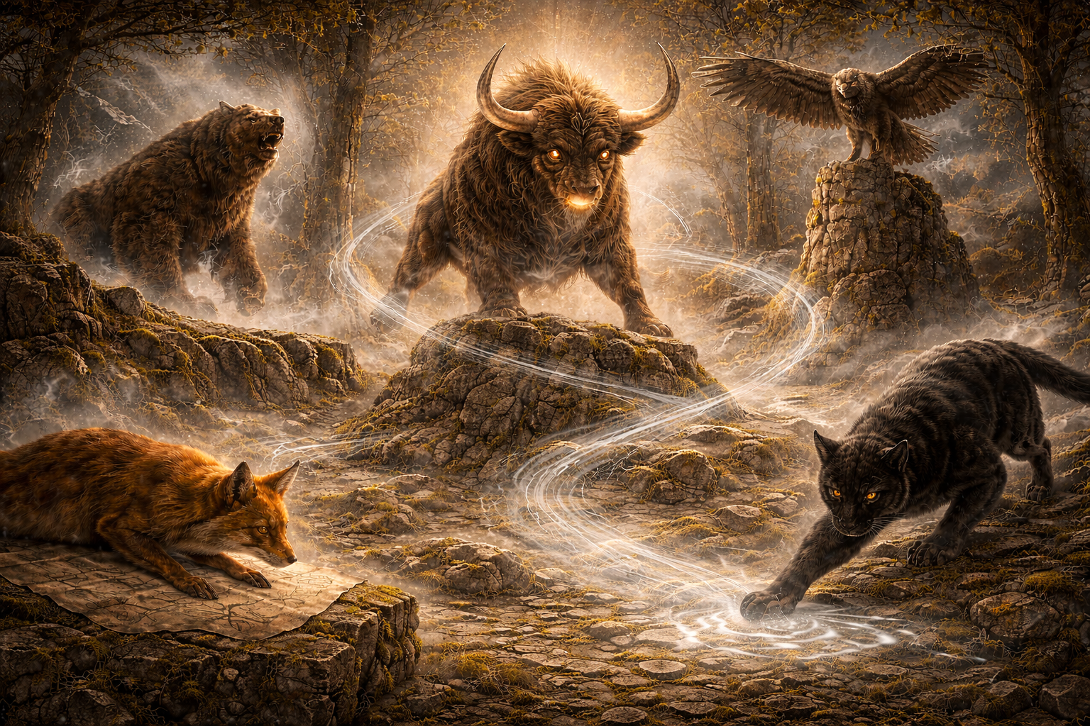 Animal aspects gather around swirling magic in a wooded glade.