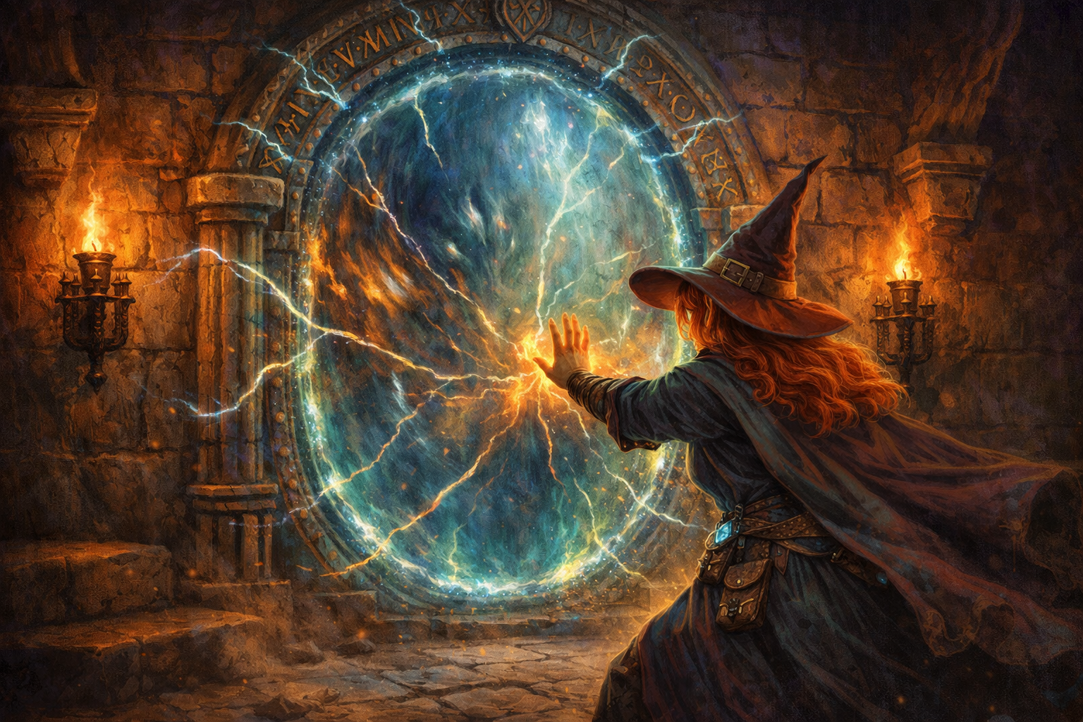 Wizard examining a glowing magical portal framed by ancient stone