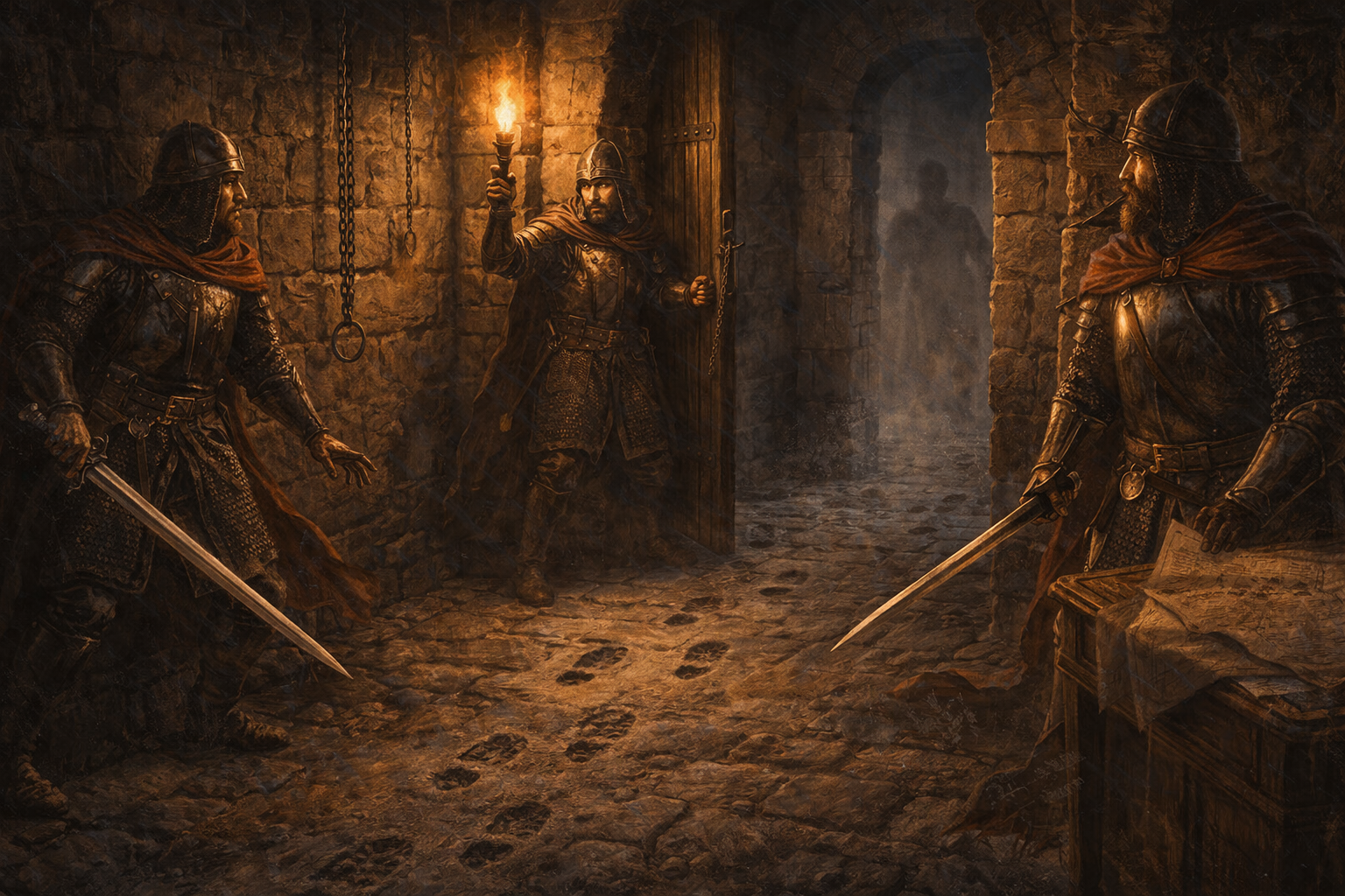 Guards follow muddy footprints left by an unseen intruder in a torchlit stone passage.