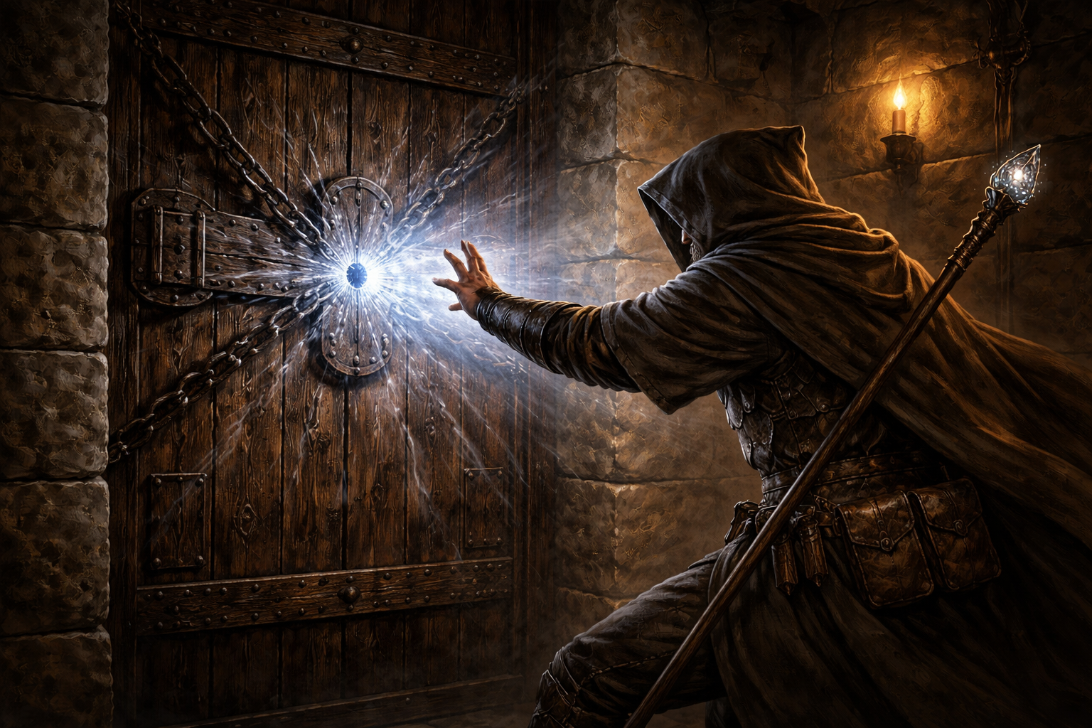 Arcane force opening a barred medieval doorway with a thunderous magical knock