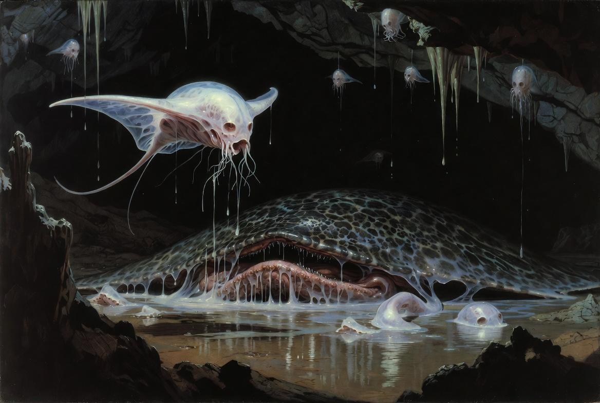 A family of lurking rays hidden across the floor, walls and ceiling of a lightless cavern.