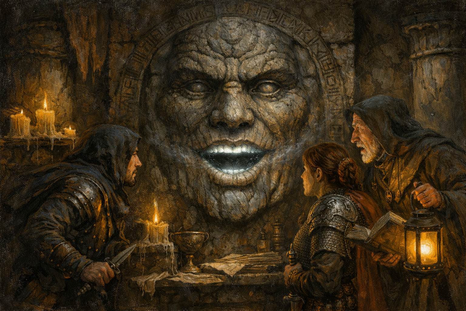 Adventurers listen to a glowing mouth in a carved stone face inside a candlelit chamber.