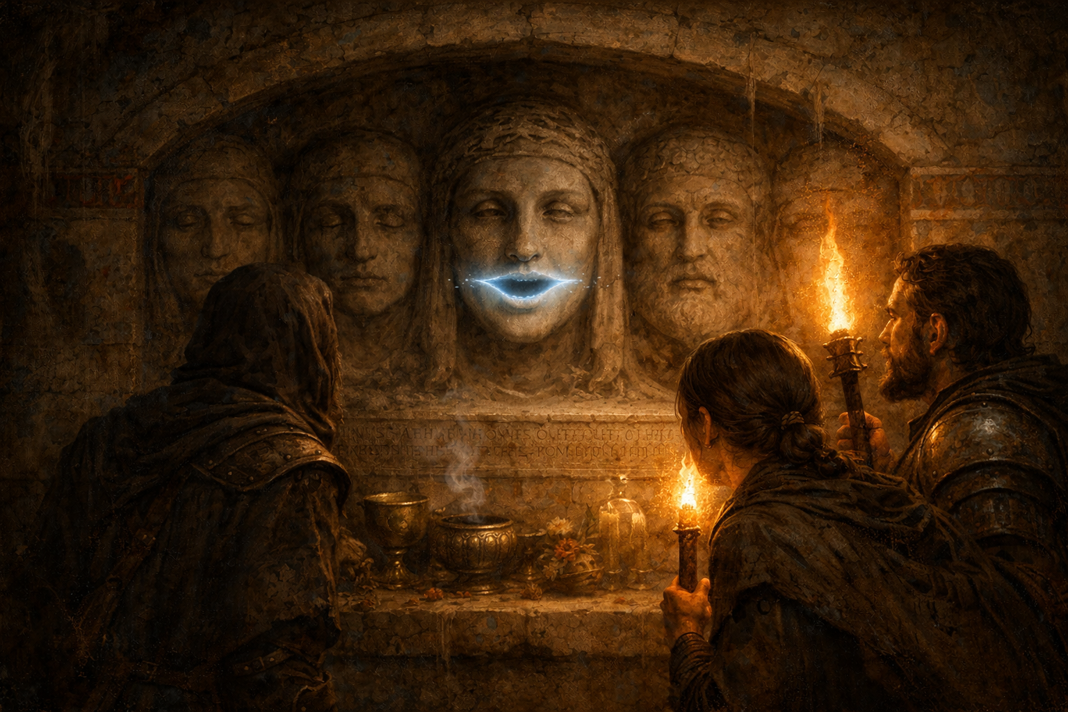 Three adventurers hear a magically glowing mouth speak from a row of stone faces.