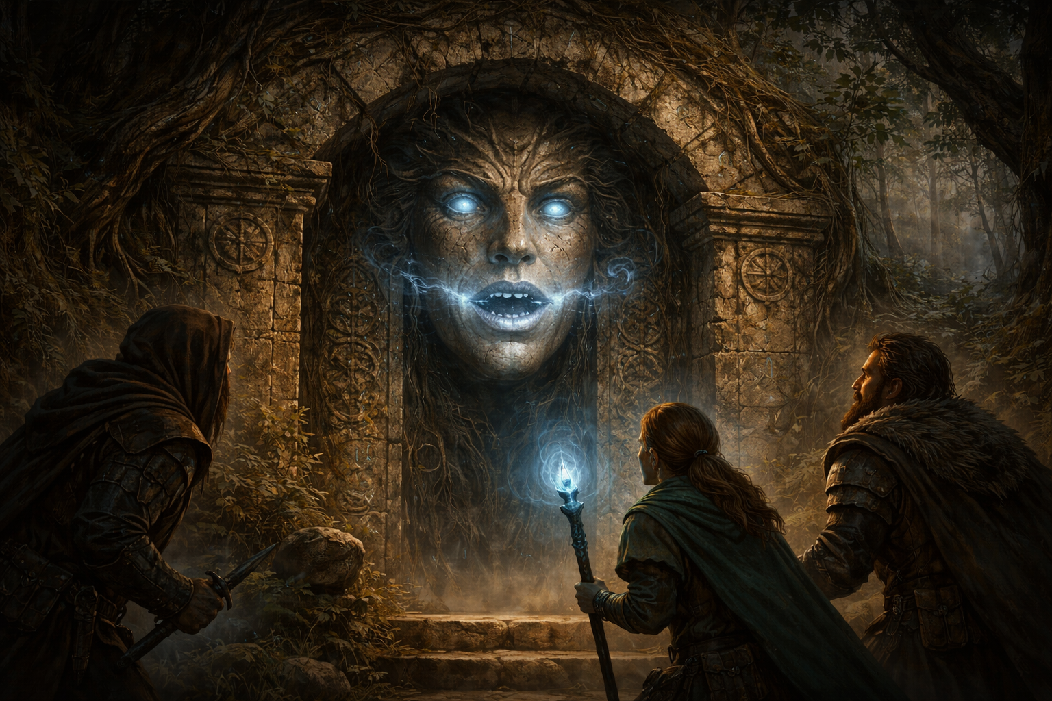 Adventurers confront a glowing speaking face carved into a vine-covered stone doorway.