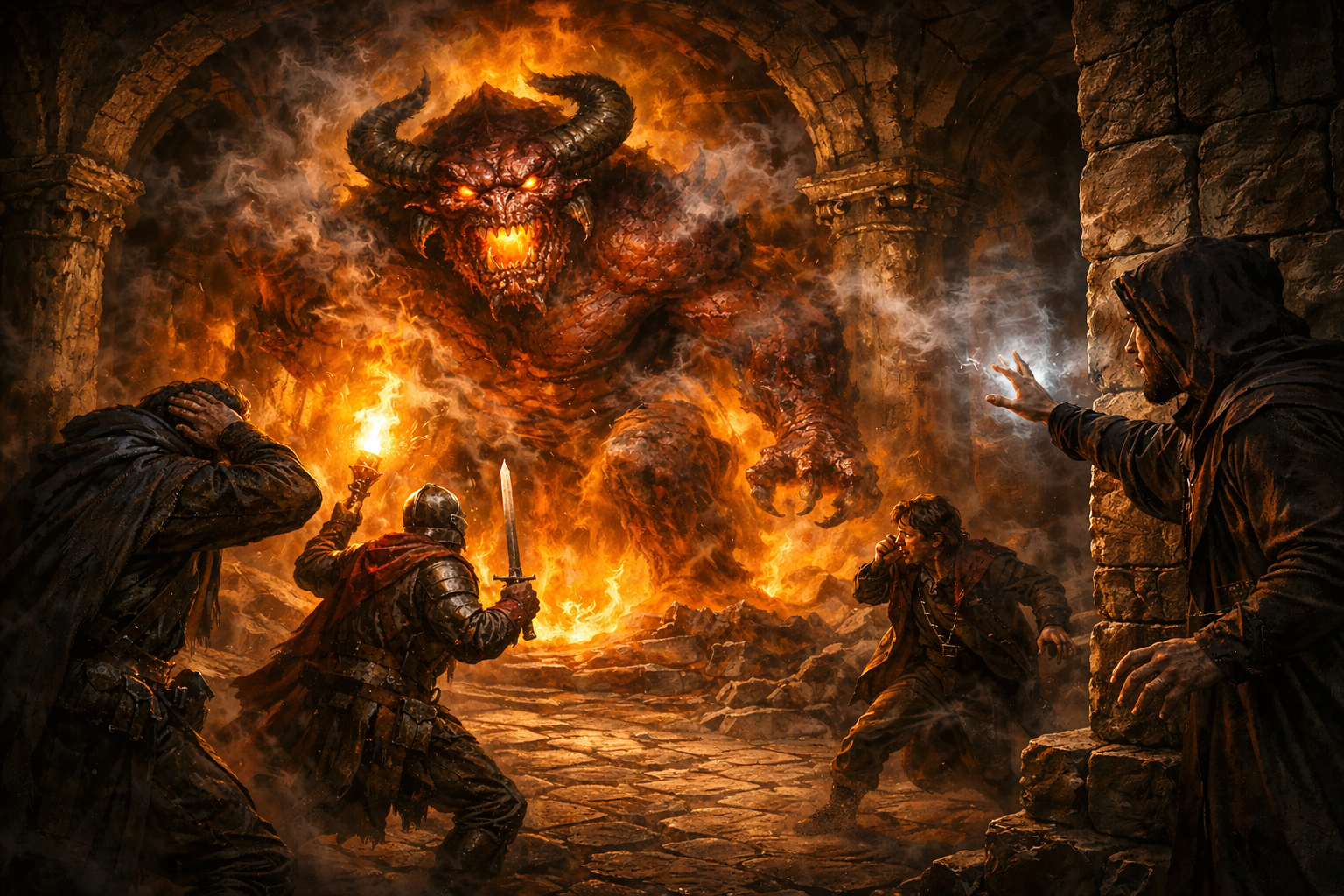 A hooded illusionist conjures a fiery horned apparition in a vaulted stone hall