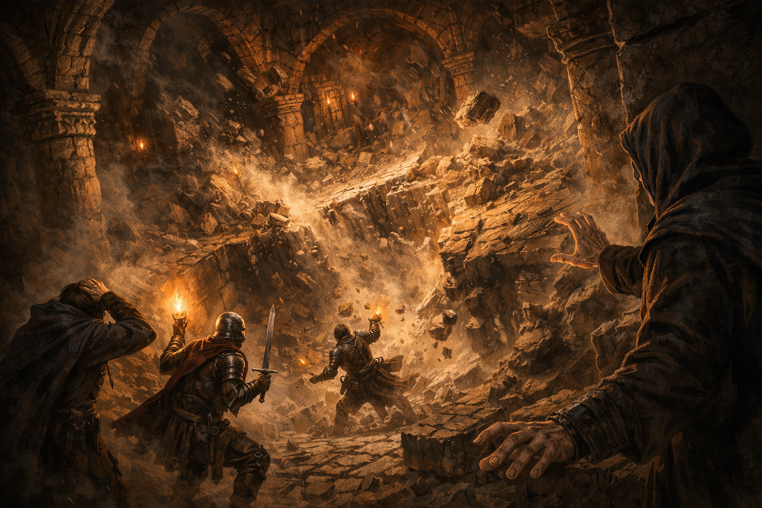 A hooded caster raises a hand as a stone hall appears to collapse before armed travellers