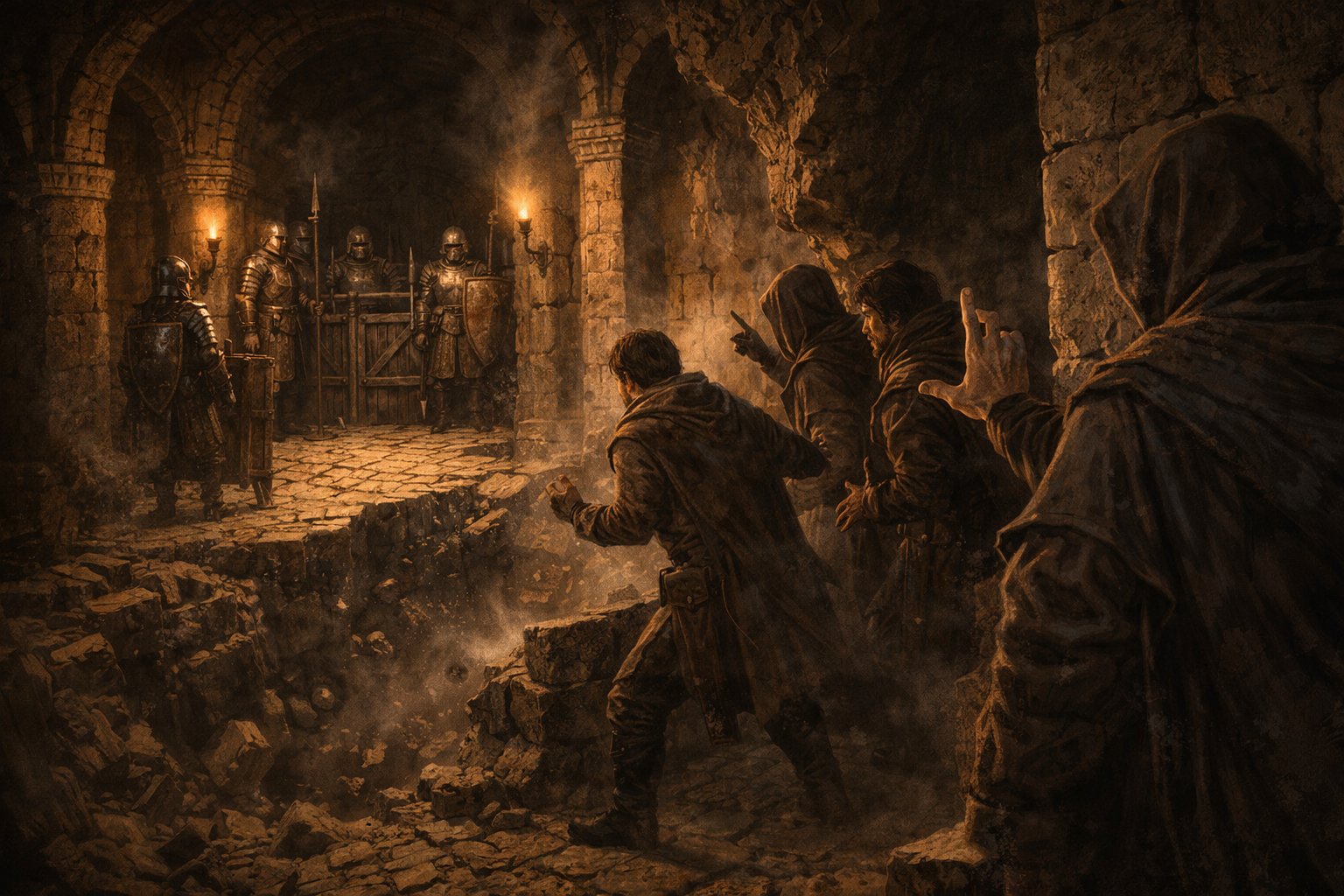 A hooded caster and companions face a deep apparent chasm and armoured guards in a torchlit corridor