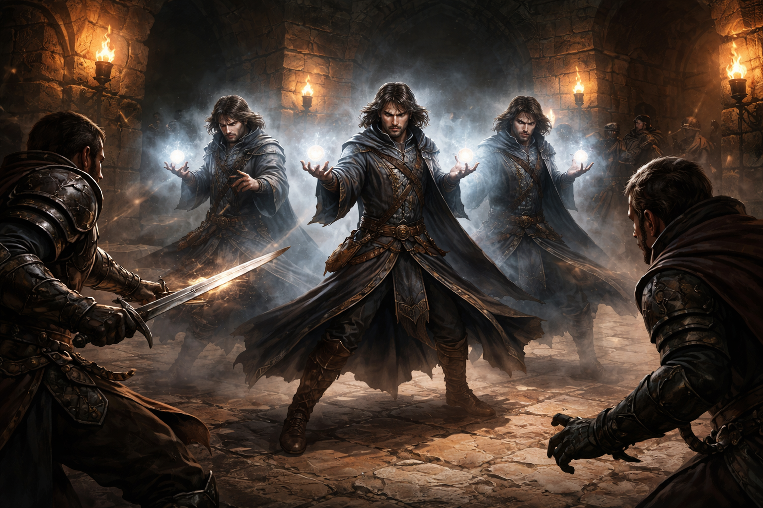 A mage and illusory duplicates face armed foes in a torchlit chamber.