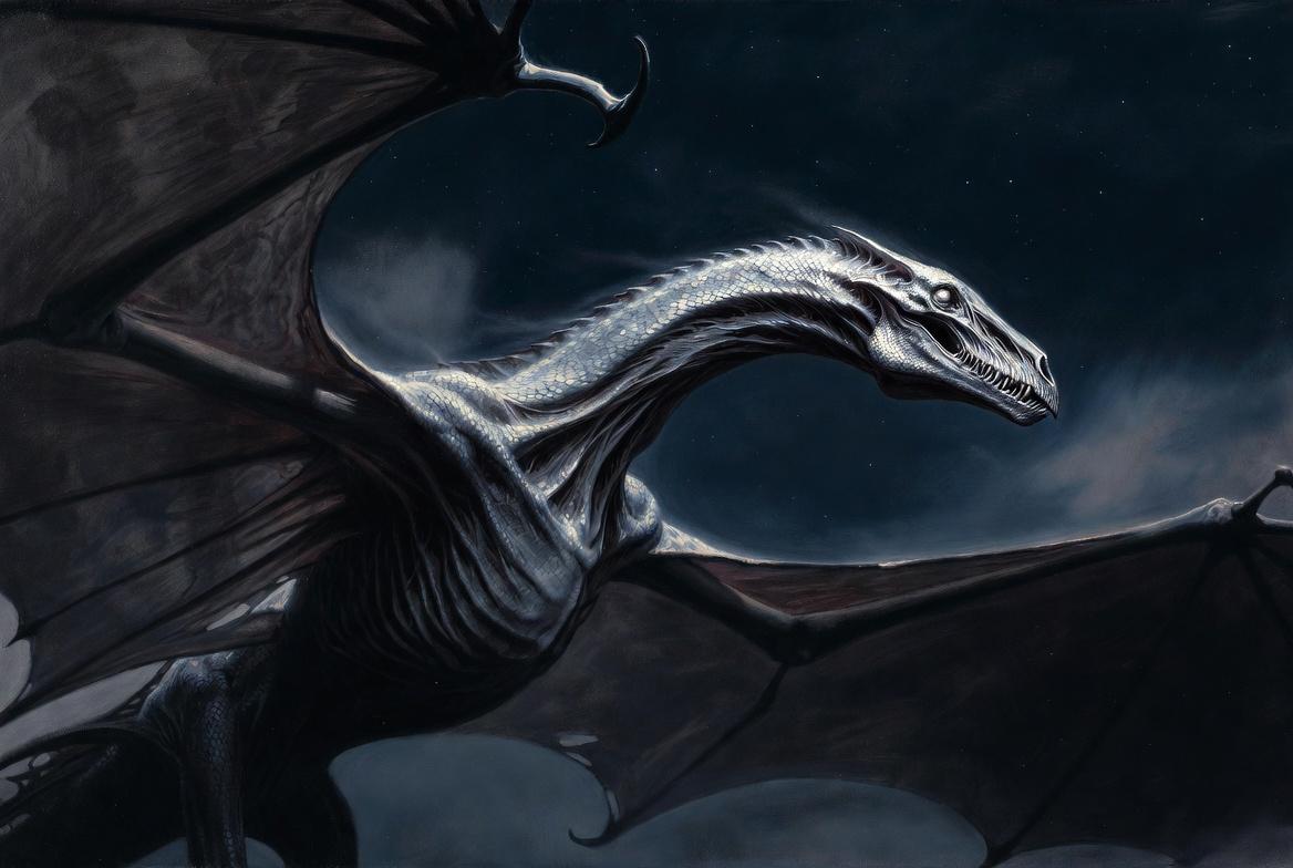 A huge scaly shantak with vast bat-like wings and a long horse-like head flying above a barren moonlit mountain range.