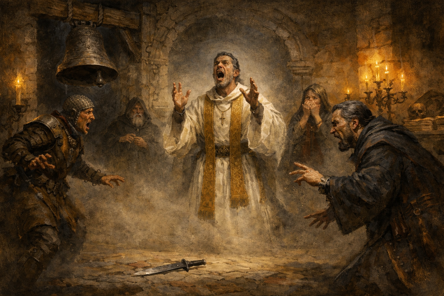A priest and armed companions beneath a bell in a chamber filled with magical mist