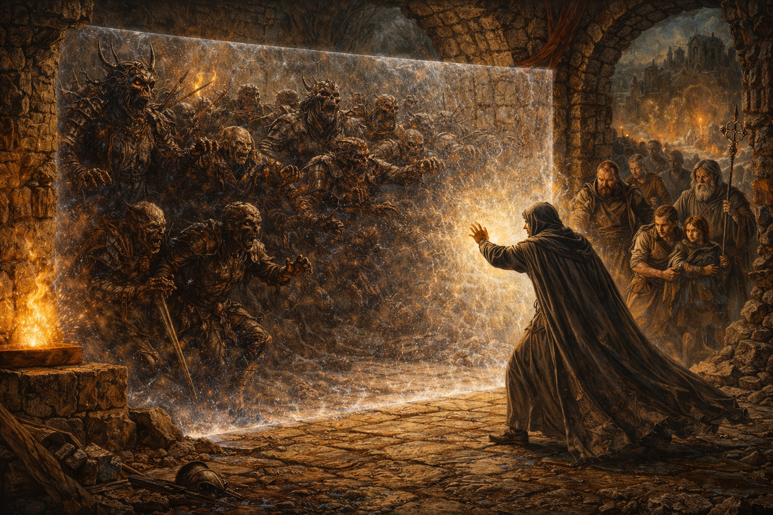 A spellcaster uses Wall of Force to hold back a mass of undead while civilians and allies shelter safely behind the invisible magical barrier