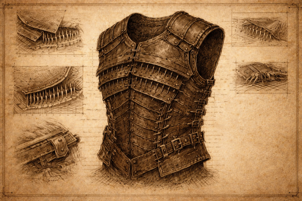 Barbed Vest defensive adventuring gear with concealed hooks and leather flaps