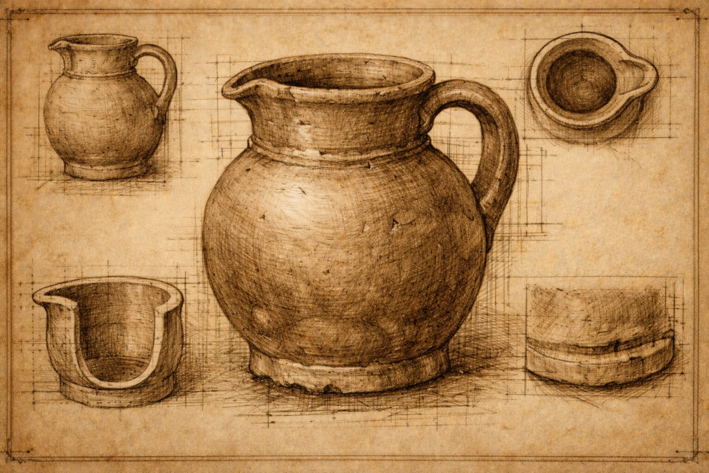 Clay Pitcher: A plain fired earthenware pitcher with a handle, rounded body, and shaped pouring lip, made for serving water, ale, wine, milk, or wash water in kitchens, taverns, shrines, and camps.