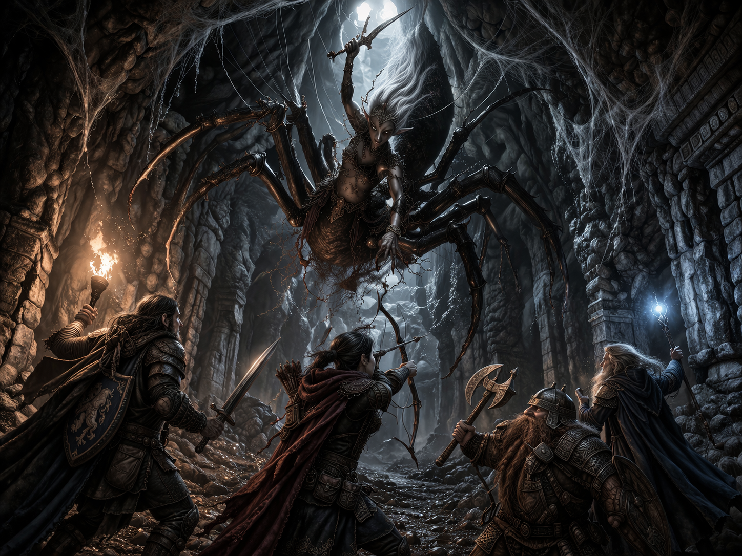 A drider stalking along a cavern wall above a webbed passage.