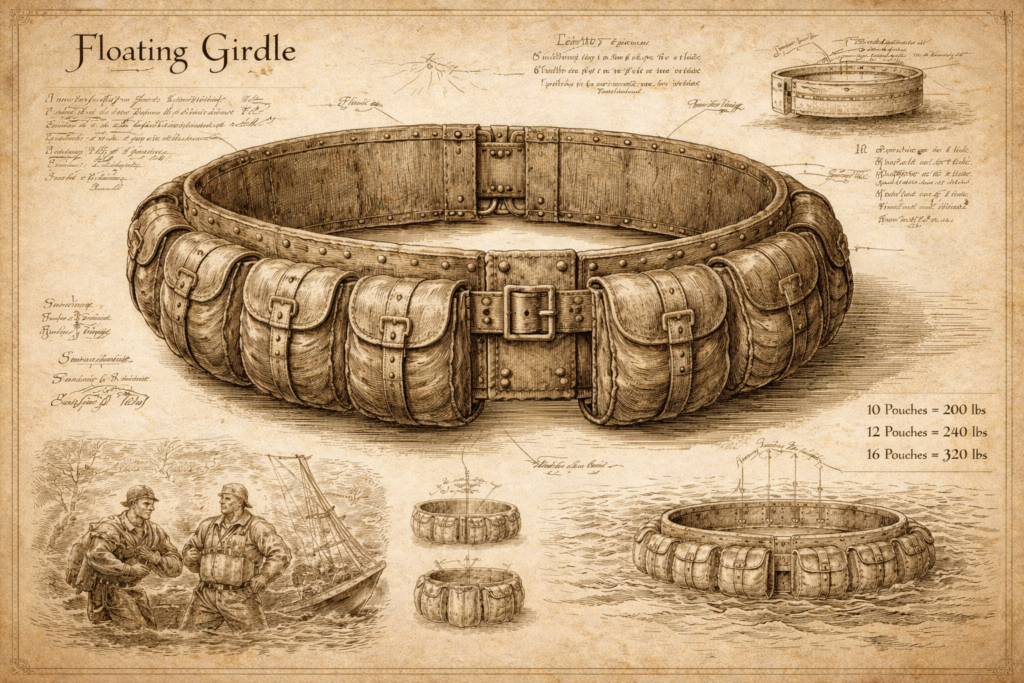 Typical Floating Girdle Construction: A broad leather waist-belt fitted with sealed air-pouches for distributed buoyancy. A well-made girdle shows its worth in the spacing, sealing, and balance of its pouches; the careless maker leaves flaws that the sea will quickly discover.