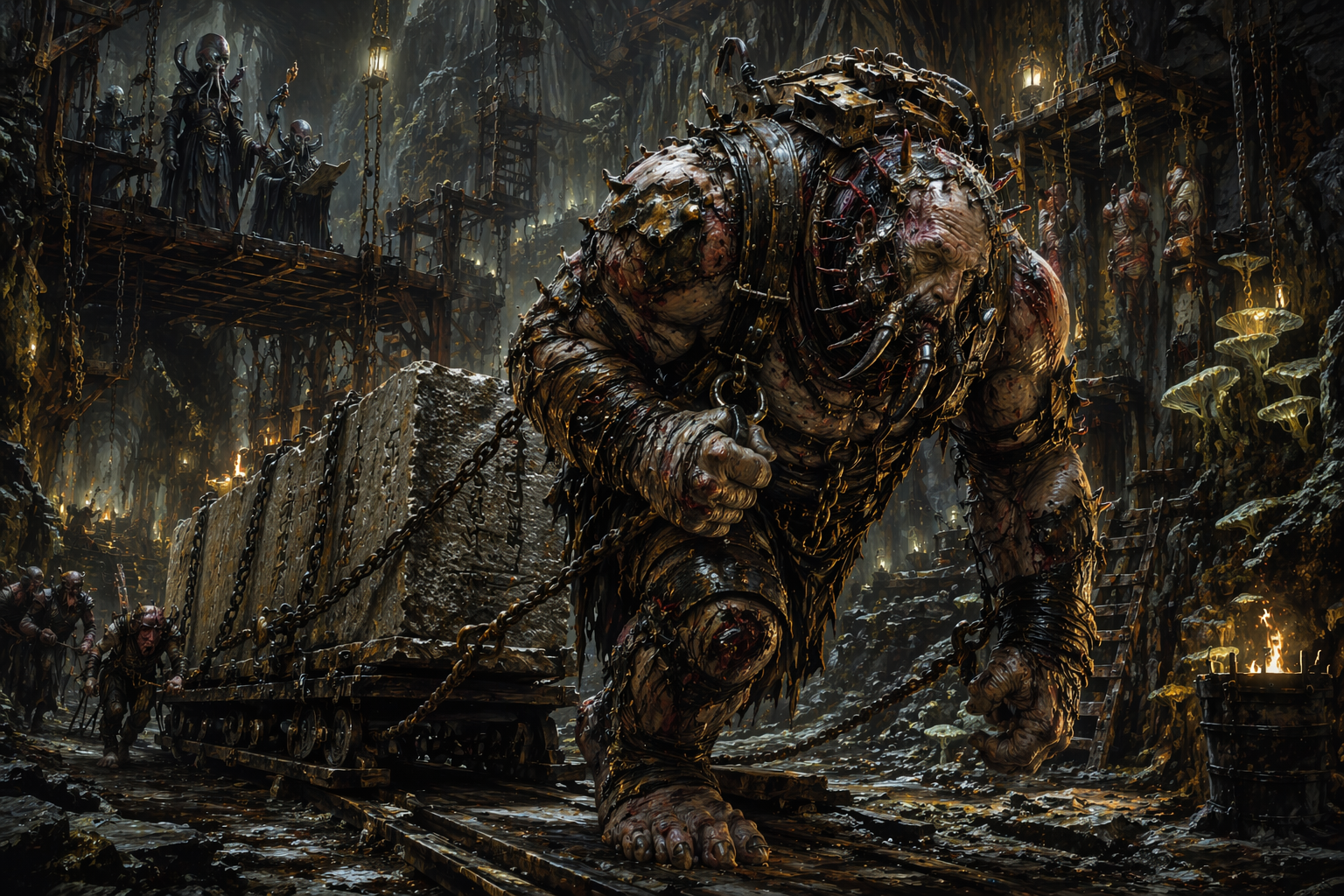 A hulking greog with insectile armour, a swollen exposed brain and massive labour-built limbs.