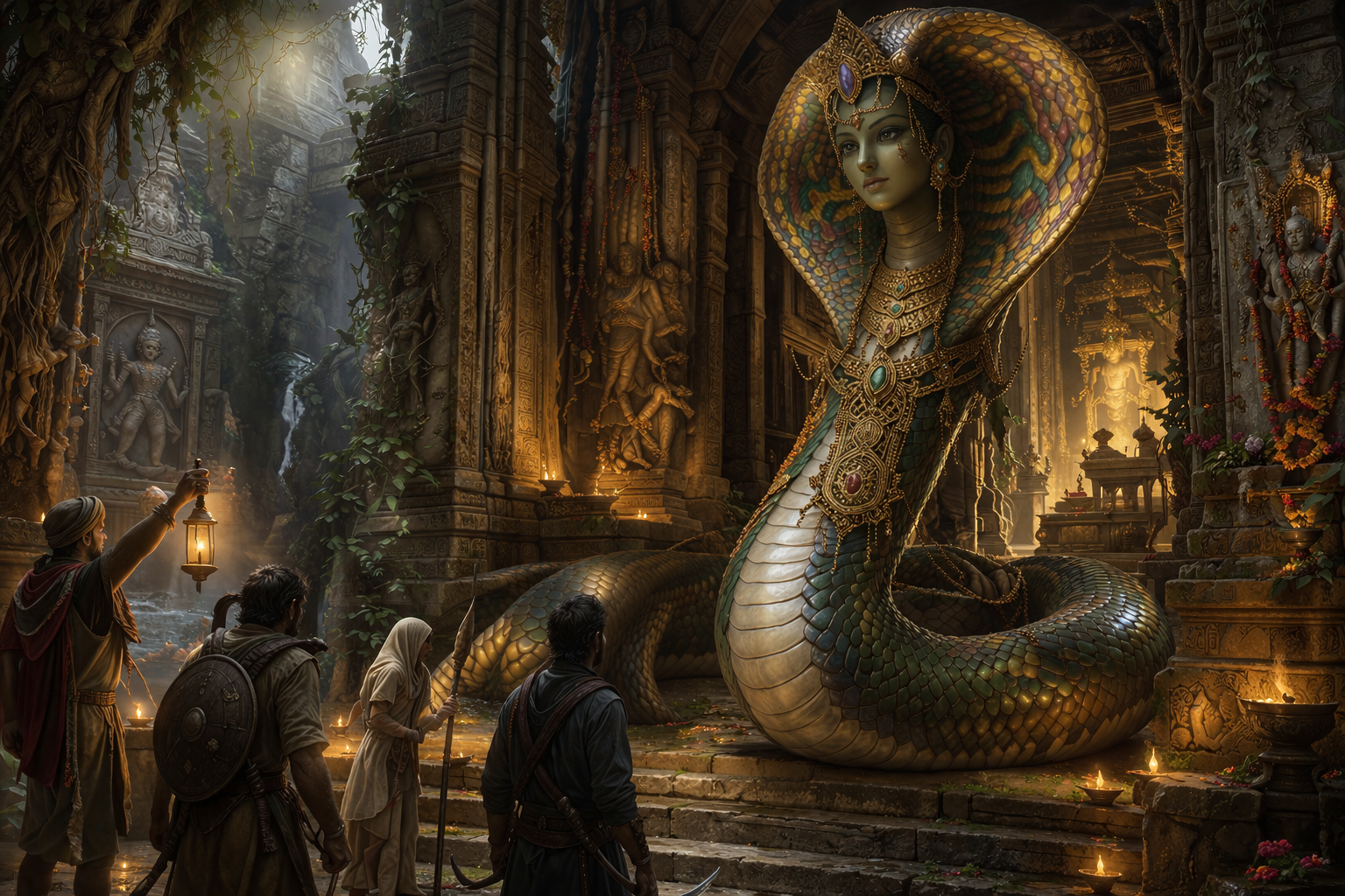 A brightly scaled guardian naga coiled before the entrance to an ancient sacred sanctuary.