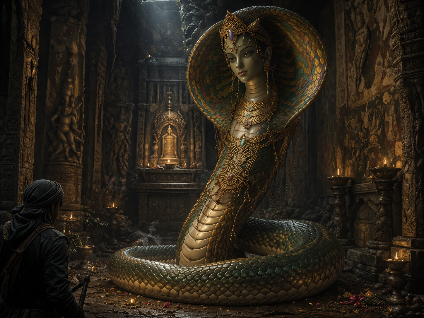 A guardian naga coiled before a sacred threshold.